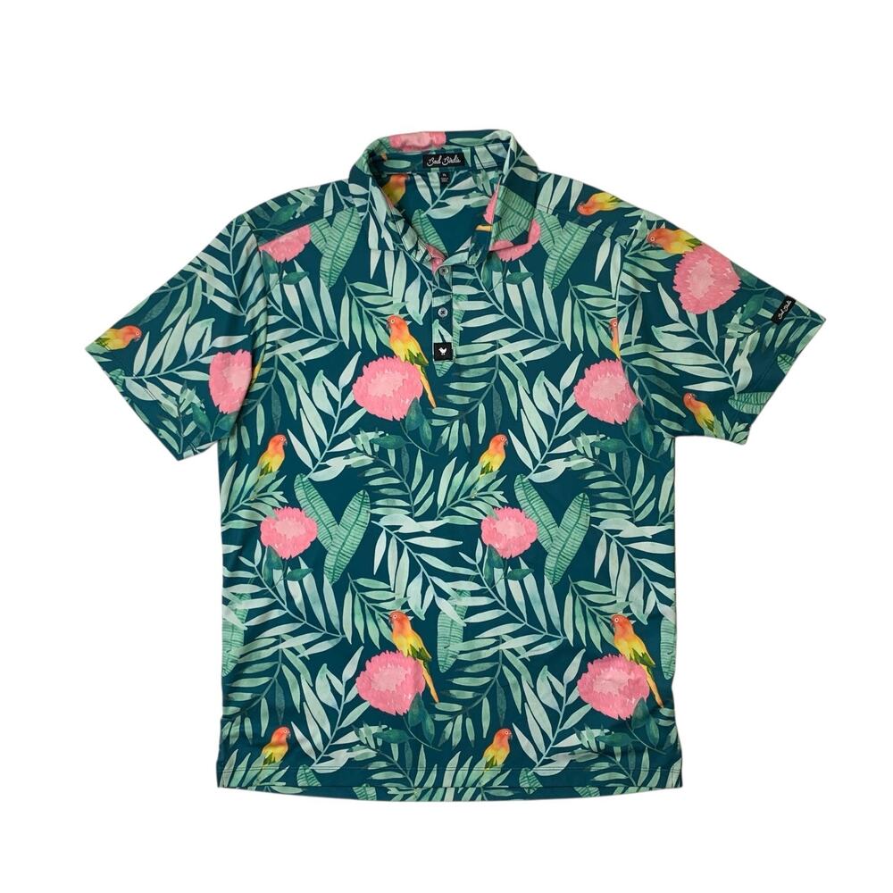 Bad Birdie Polo Shirt Mens XL Green Tropical Print Quick Dry Performance Golf